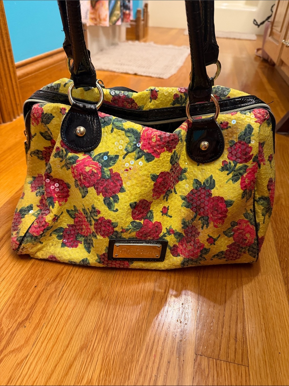 Betsey Johnson Yellow Floral Sequin Satchel with Black Handles